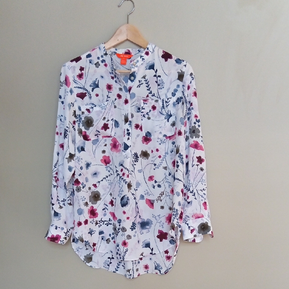 P19" L28" Joe Fresh Multicolor Floral High-low Round Hem Women's Blouse - Picture 15 of 17